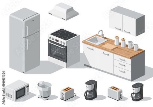 Collection of kitchen appliances and cabinets in isometric view for a modern interior design