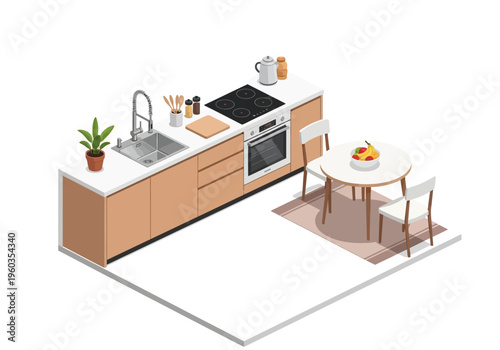 Cozy isometric kitchen design with a dining area and modern appliances