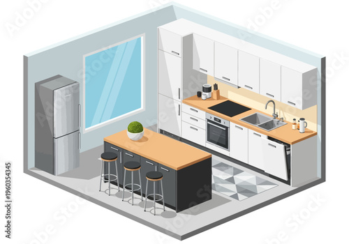 Modern Isometric Kitchen Design with Island, Stools, Refrigerator, Oven, and Sink Illustration
