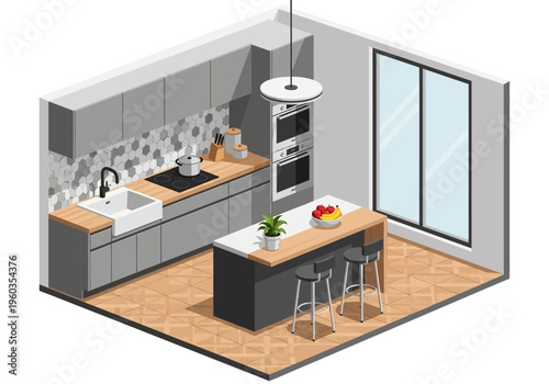 Modern isometric kitchen with island, pendant light, and fruit bowl