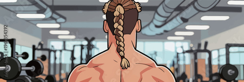 Person with long braided hair stands in a gym looking at exercise equipment and weights in a spacious training area during daytime