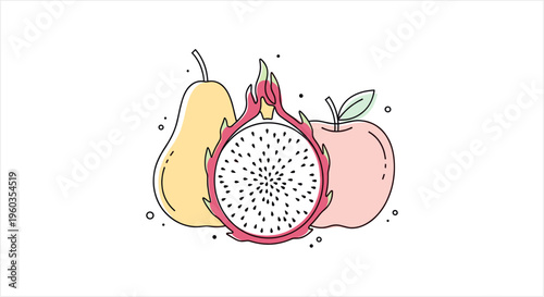 Colorful illustration of fresh fruits including pear, dragon fruit, and apple.