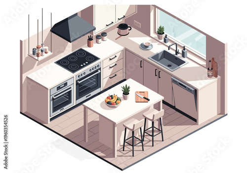Modern Isometric Kitchen Illustration with Stylish Appliances and Island Countertop
