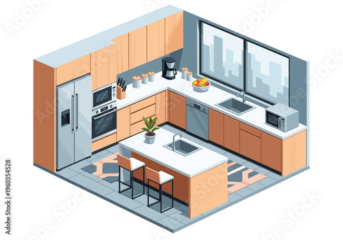 Modern Isometric Kitchen Interior Design with Island, Appliances, and Window View