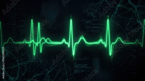 Green heartbeat pulses against dark digital backdrop