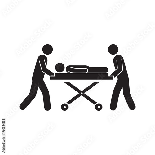 Medical staff moving a sick patient on a stretcher gurney silhouette vector icon

