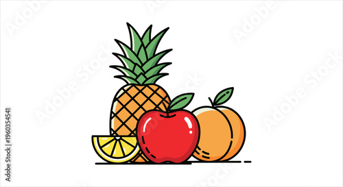 Colorful illustration of fresh fruits including pineapple apple peach and lemon slice.