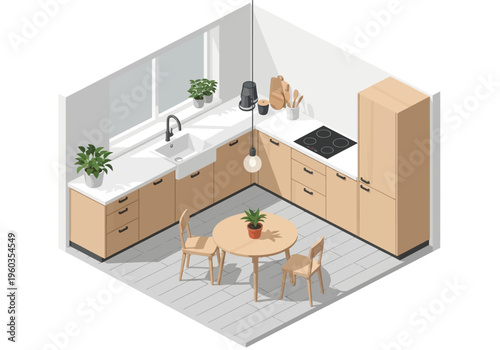 Modern kitchen interior design with L-shaped cabinets, a round dining table, and a sink with a window view, rendered in isometric style
