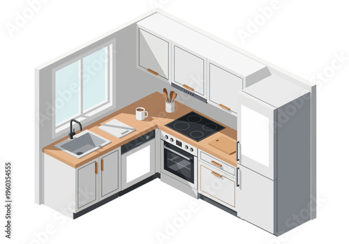 Modern L-shaped kitchen with white cabinets, wooden countertops, and stainless steel appliances