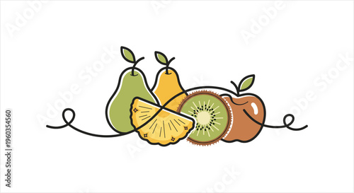 Continuous line art drawing of various fresh fruits including pears, pineapple, kiwi, and apple.