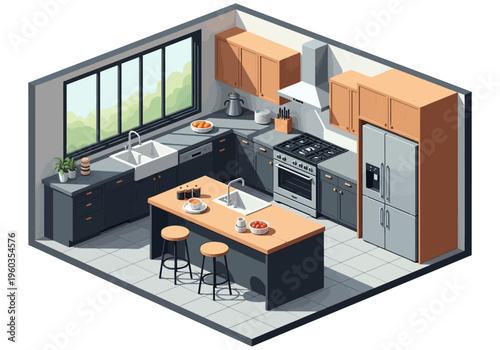 Isometric modern kitchen with dark cabinets, wooden island, and stainless steel appliances