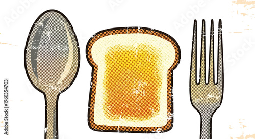Vintage pop art style illustration of a spoon, a slice of toast with butter or jam, and a fork, retro comic book halftone texture design, kitchen utensils and breakfast food concept