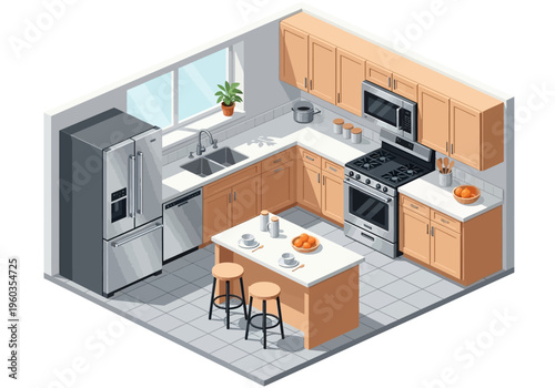 Isometric view of a modern, well-equipped kitchen featuring stainless steel appliances, warm wood cabinetry, and a central island with seating