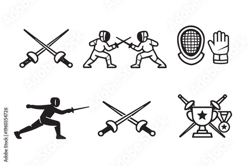 A vector set of six fencing sport icons, designed with clean lines and simple shapes to represent technique, movement, and a dynamic athletic theme in a modern style.
