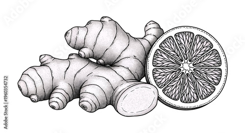 Hand drawn ginger root and orange slice