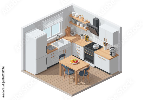Modern Isometric Kitchen Design with Appliances, Furniture, and Dining Area