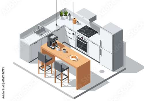 Modern kitchen interior with island bar and breakfast counter, isometric view