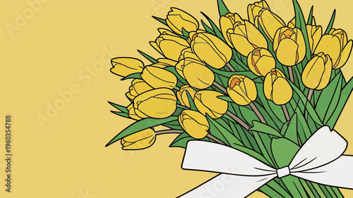 Bright yellow tulips in a bouquet with a white ribbon on a yellow background