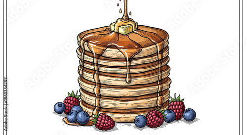 Stack of delicious pancakes with butter and maple syrup, decorated with fresh raspberries and blueberries, handdrawn illustration