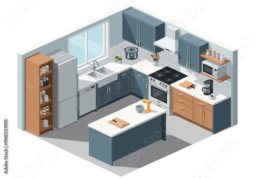 Isometric view of a modern, well-equipped kitchen with contemporary cabinetry and appliances