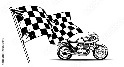 Vintage cafe racer motorcycle with a waving checkered flag, classic motorbike design, vector illustration