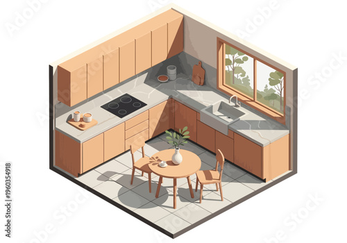 Cozy corner kitchen with dining area, featuring modern cabinetry and natural light