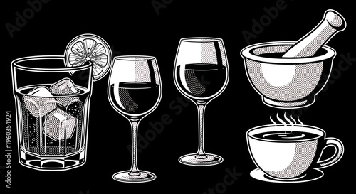 Set of various drinks and beverages including a glass with ice and lemon, wine glasses, a mortar and pestle, and a steaming cup of coffee or tea, vector illustration in a vintage comic book style
