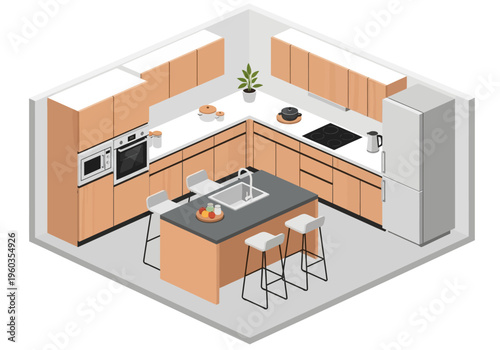 Isometric kitchen interior design with modern cabinets, island, and appliances for home renovation projects