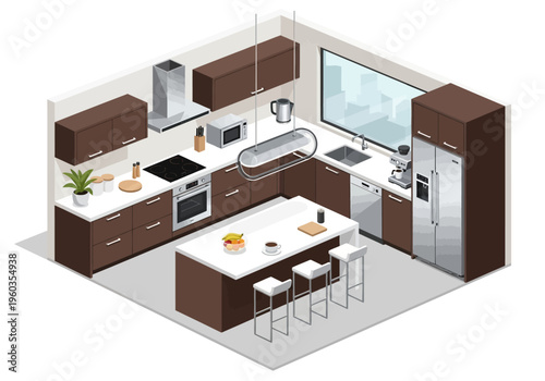 Modern isometric kitchen interior with sleek cabinetry, appliances, and island seating