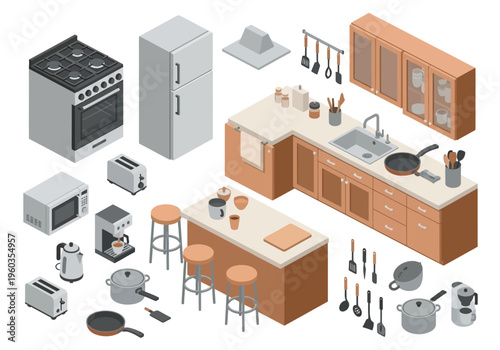 A collection of modern kitchen appliances and furniture, ideal for interior design and renovation projects