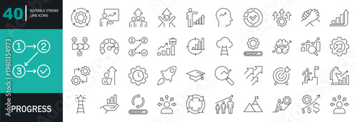 Progress icon set. Containing growth, efficiency, success, development, startup, management, organization, productivity, increase, and more. Editable line icons. Vector illustration.