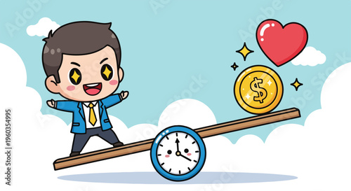 Chibi businessman balancing time and money with heart symbol on a seesaw, representing life choices