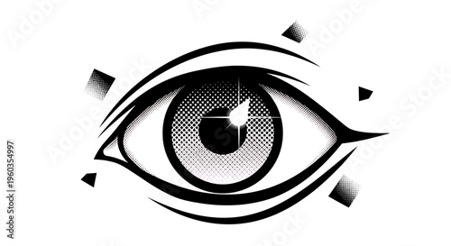 Stylized graphic eye illustration with halftone texture and geometric accents, minimalist vector art design