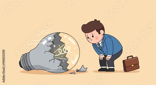Businessman looking sadly at a broken light bulb representing a failed idea or lack of inspiration