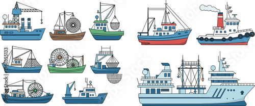 Fishing boats and industrial ships collection vector illustration featuring trawlers cargo vessels tugboats and marine equipment, nautical transport set for sea industry design and maritime themes