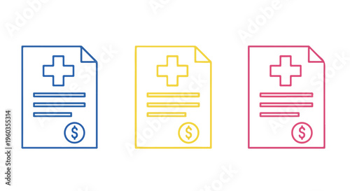 Three colorful medical insurance documents with cross symbols and dollar signs representing healthcare costs and payment