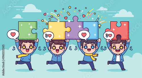 Diverse team of people holding colorful puzzle pieces together in a celebration of unity and collaboration