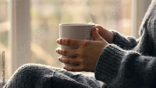 Hands holding a warm coffee mug, oversized cozy sweater texture, soft focus background, blurred window light.