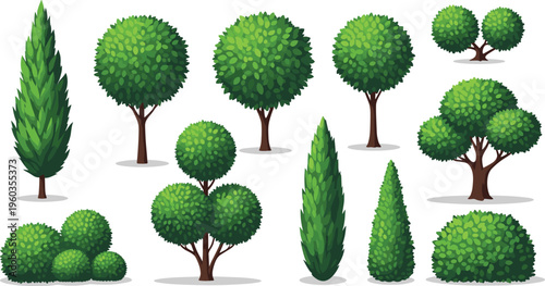 Green topiary tree and garden shrub set with various round and conical shapes for landscape design element cad drawing flat vector illustration isolated white.