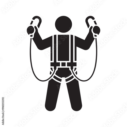 Safety Harness Fall Protection Icon Worker with Lanyard and Carabiner
