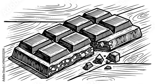 Hand drawn chocolate bar with nuts on wooden background, vector illustration in sketch style