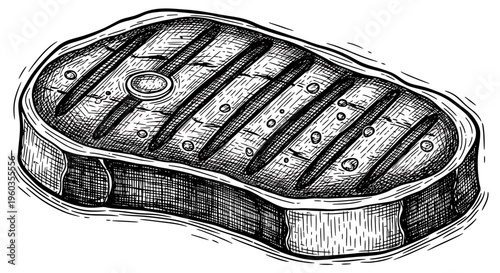 Hand drawn steak illustration, grilled meat piece, vector sketch style drawing of a beef steak with grill marks