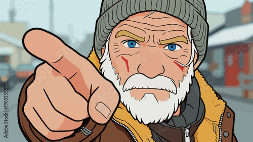 Old man pointing in a snowy street with buildings in the background during winter season