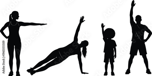 Active people silhouette set with man woman and child performing fitness exercises and stretching cad drawing flat vector illustration isolated on white background.