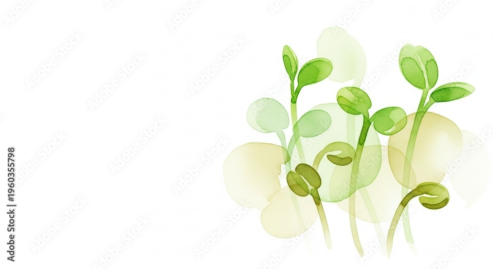 Obraz premium Fresh and Juicy Broccoli Sprouts in Soft Watercolor Illustration, Natural Vegetable with Gentle Touch