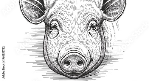 Engraving illustration of a pig head, hand drawn sketch style