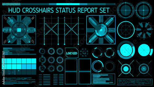 Futuristic hud elements displaying crosshairs status reports and circular data readouts