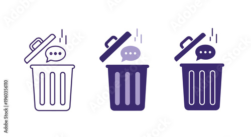 Three trash cans with speech bubbles being deleted in shades of purple on a white background with a flat design style.