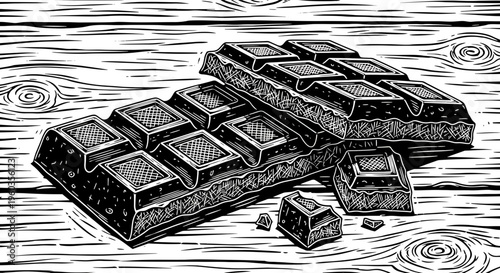 Woodcut style illustration of a chocolate bar broken into pieces on a wooden table surface