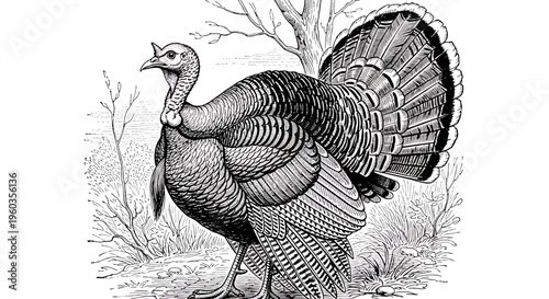 Vintage engraving of a wild turkey, a large bird native to north america, depicted in a detailed black and white illustration style